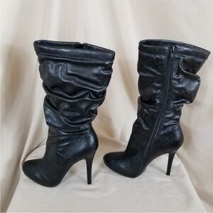 Paprika Black Slouched Heeled Boots with Ruched Design